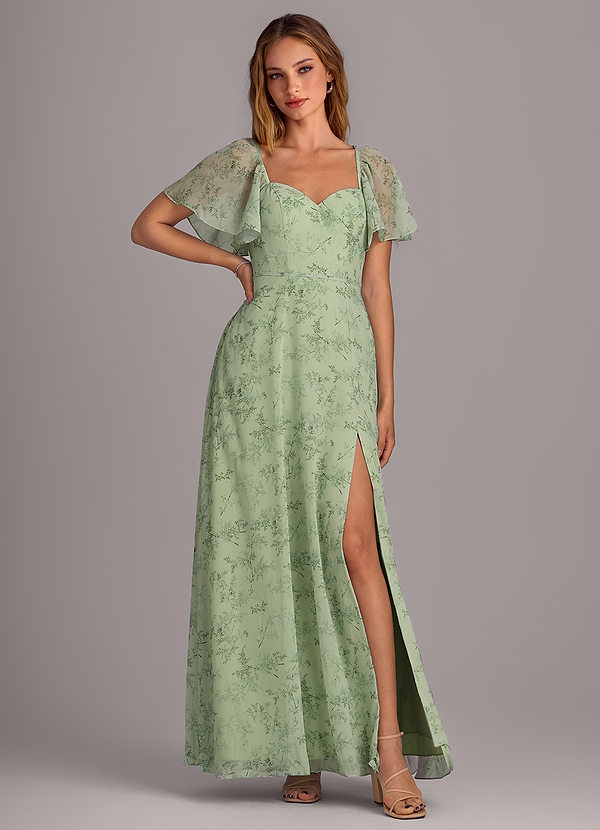 Azazie Chloe Brautjungfernkleider A-Linie Herzausschnitt Chiffon Kleid Grüner Farn Blumen image1