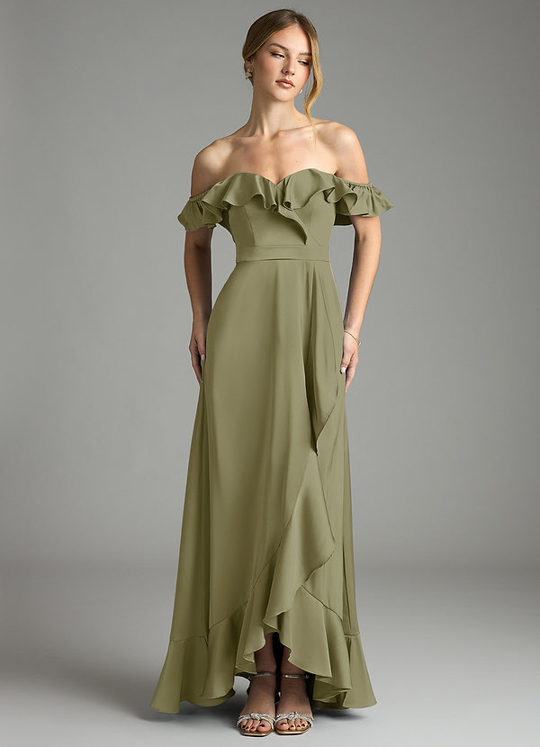 Azazie Lyra Vestidos Dama de Honor Vestido de Pistacho de Satén Elástico de Corte en A Convertible con Vestidos sin tirantes image1