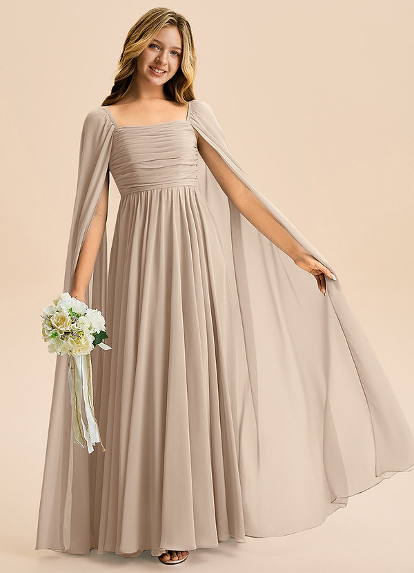 Azazie Calista Junior Taupe A-Line Pleated Chiffon Dress image1