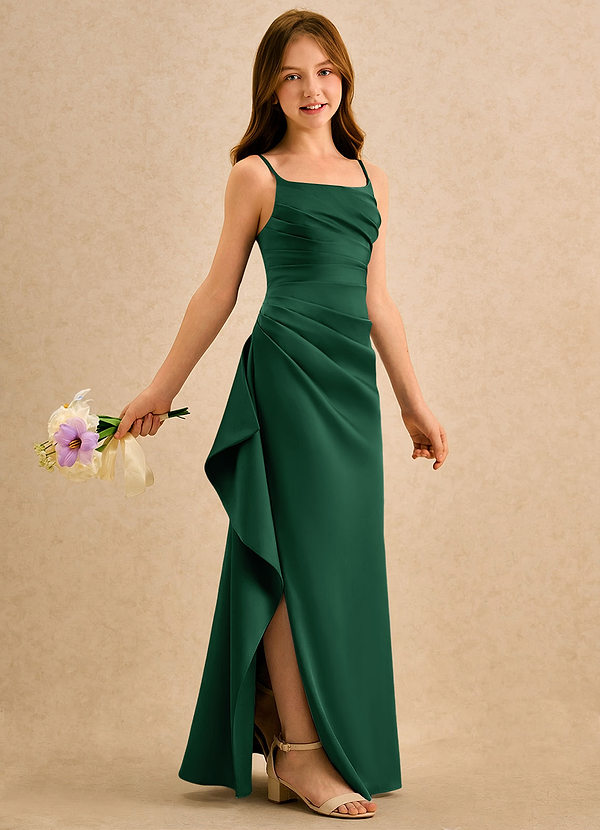 Azazie Cannoli Girls Formal Robes de Fillette d'Honneur Robe Trapèze en Satin extensible Plissée Vert Foncé image1
