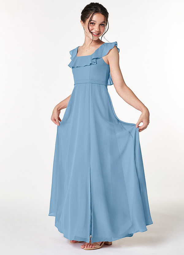 Azazie Jinny Junior Steel Blue A-Line Ruched Chiffon Dress image1