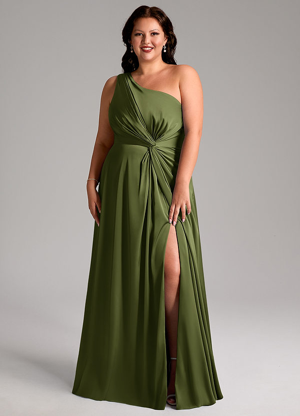 Azazie Brooke Bridesmaid Dresses Olive A-Line One Shoulder Stretch Satin Dress image1