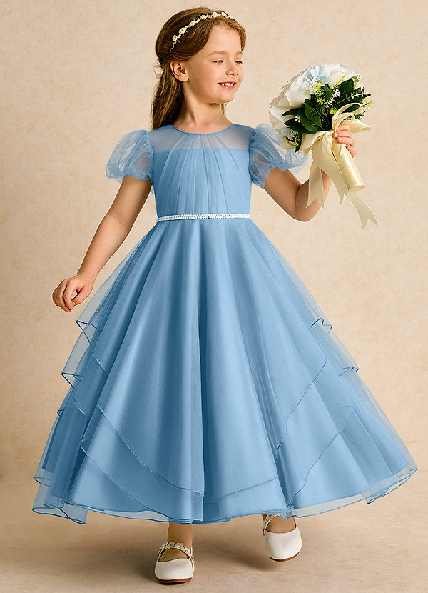 Azazie Duckie Abiti da Ragazza di Fiori Abito Principessa in Tulle Plissettato Blu Acciaio image1