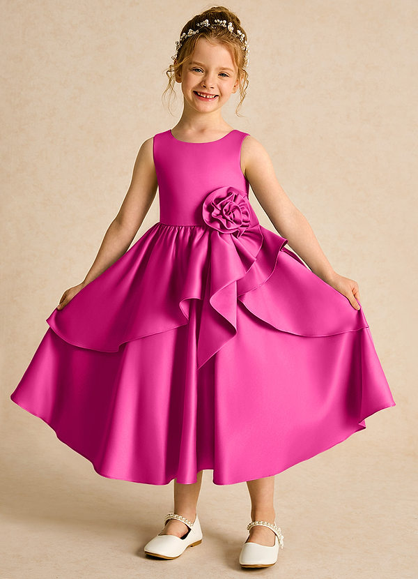 Azazie Hermia Robes de Fillette d'Honneur Robe Trapèze en Mat Satiné Sans manches Fuchsia image1