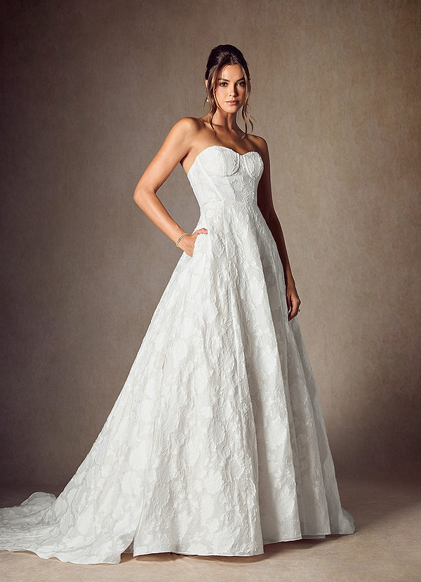 Azazie Meadow Wedding Dresses Diamond White Ball-Gown Strapless Floral Burnout Jacquard Dress image1