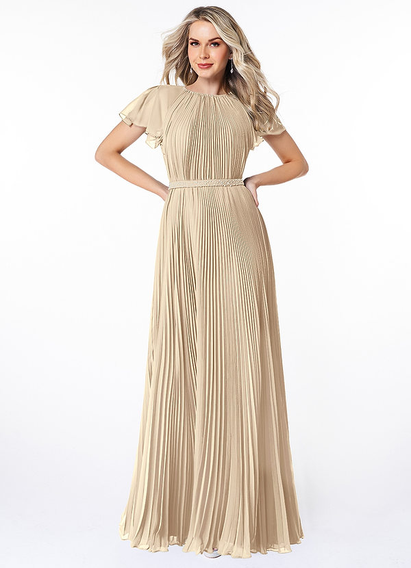 Azazie Kara Modest Bridesmaid Dresses A-Line Pleated Chiffon Floor-Length Dress image1