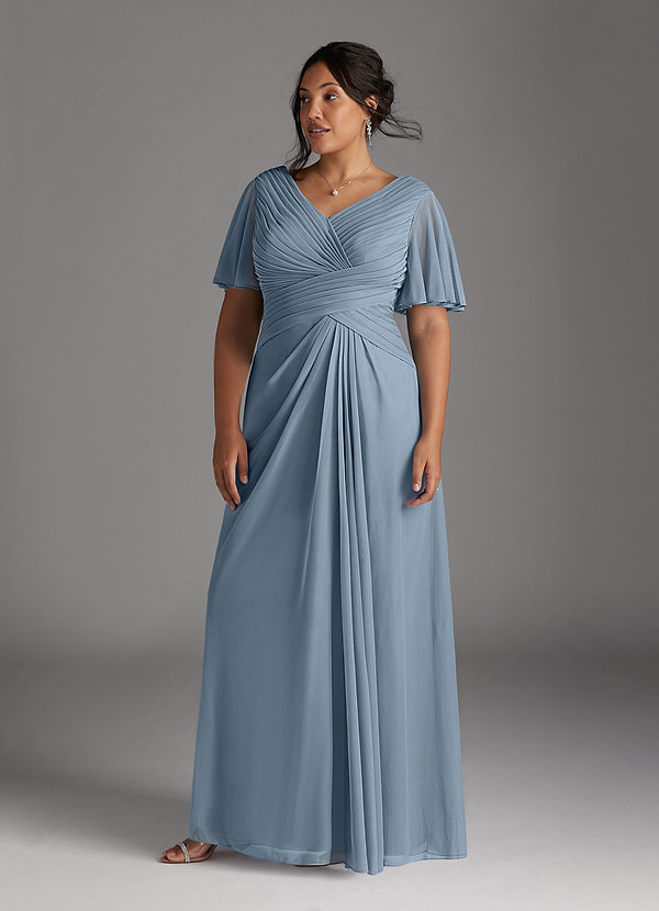 Azazie Emmeline Mother of the Brides Dresses Dusty Blue A-Line V-Neck Pleated Mesh Dress image1