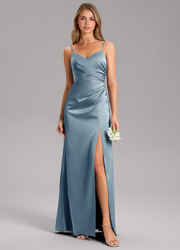 Azazie Azuree Bridesmaid Dresses Dusty Blue A-Line Pleated Stretch Satin Dress image1