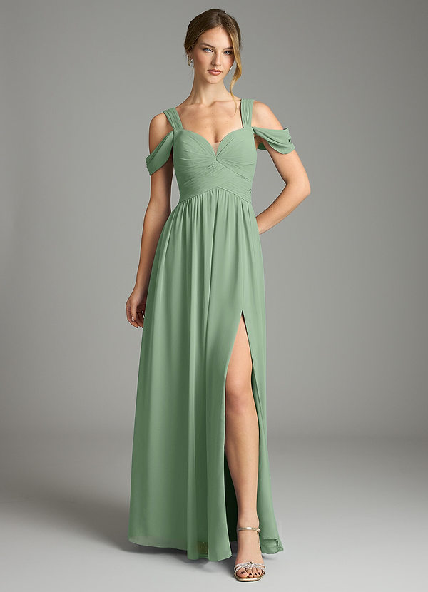 Azazie Lianne Bridesmaid Dresses Matcha A-Line Off the Shoulder Chiffon Dress image1