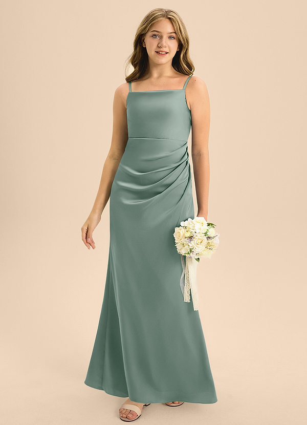 Azazie Renna Junior Silver Sage Mermaid Pleated Stretch Satin Dress image1