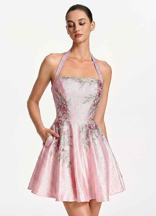 Melusine Rosa Neckholder-Minikleid mit Perlenbesatz und Schnürung am Rücken image1