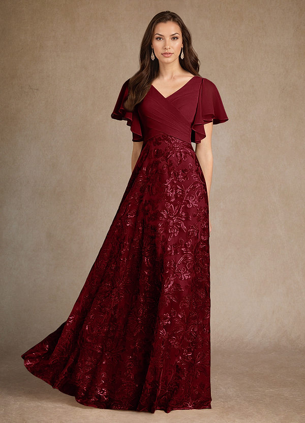 Azazie Fallon Burgundy A-Line Pleated Lace Dress Ready to Ship