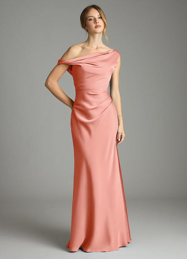 Azazie Emerson Bridesmaid Dresses Coral Mermaid Off the Shoulder Stretch Satin Dress image1