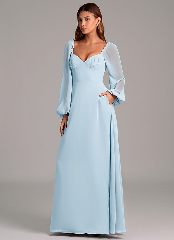 Azazie Annistyn Bridesmaid Dresses Sky Blue A-Line Long Sleeve Chiffon Dress image1