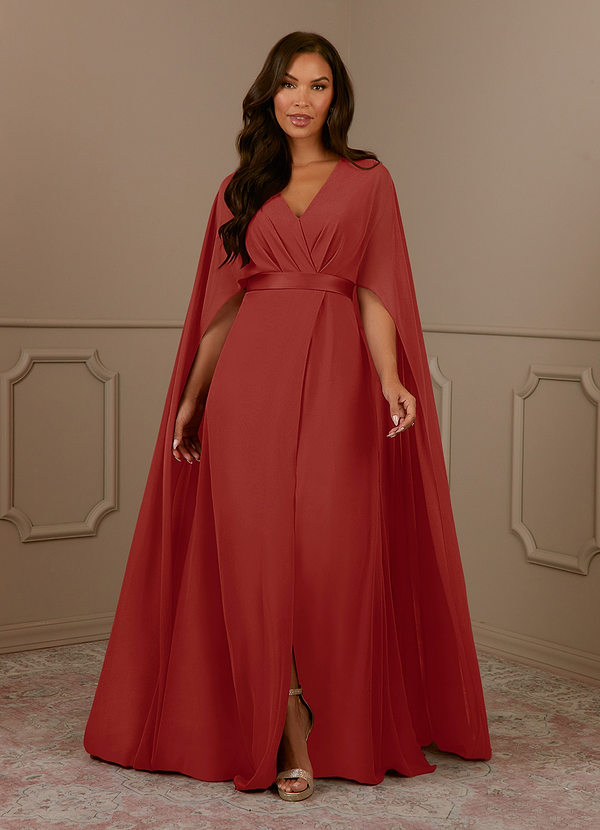 Azazie Isa Robe Mère de la Mariée & du Marié Robe Trapèze en Mousseline de soie Col V plissé Terracotta image1