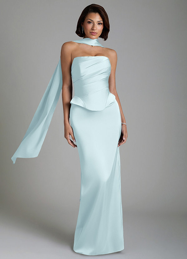 Azazie Harlow Robes de demoiselle d'honneur Robe Fourreau en Satin extensible Corset Bleu Nuage image1