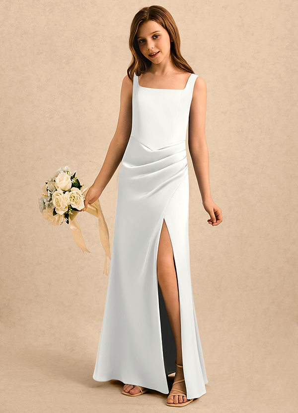 Azazie Noah Girls Formal Blumenkinder Kleider Etui Plissee Stretch-Satin Kleid Weiß image1