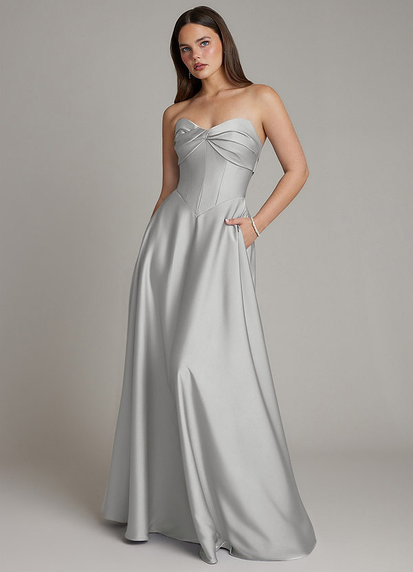 Azazie Meleena Bridesmaid Dresses Silver A-Line Strapless Stretch Satin Dress image1