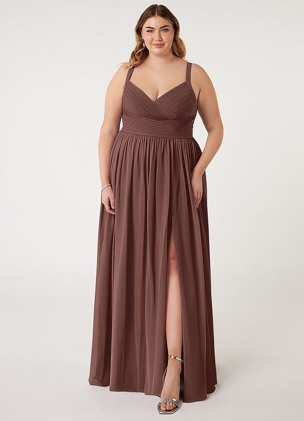 Azazie Chanel Bridesmaid Dresses Espresso A-Line Pleated Chiffon Dress image1
