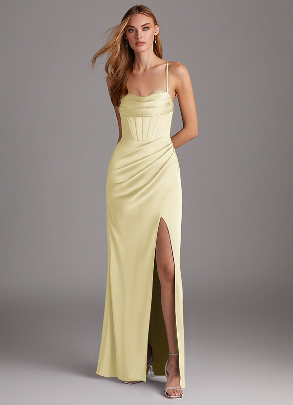 Azazie Brookelle Bridesmaid Dresses Lemon Sorbet Sheath Sweetheart Corset Stretch Satin Dress image1