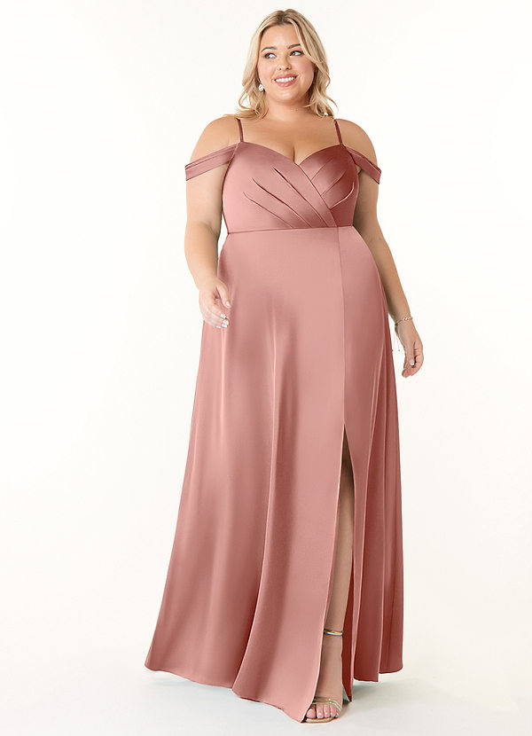 Azazie Ocean Vestidos de dama de honor Vestido Rosetón de Satén Elástico de Línea A con Cuello en V Plisado image1