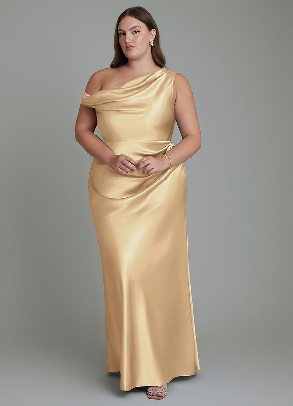 Azazie Emerson Bruidsmeisjesjurken Jurk van Metaalachtig Satijn met Zeemeermin Off-shoulder Champagne image1