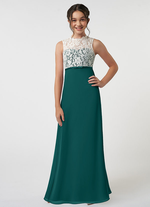 Azazie Rana Junior Robe Trapèze en Mousseline de soie Dentelle Paon image1