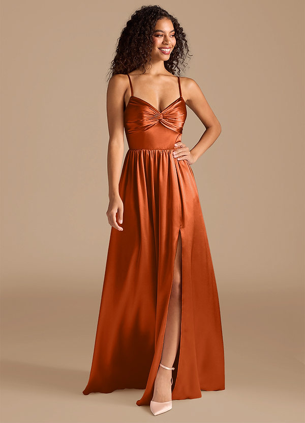 Azazie Zeya Bridesmaid Dresses Burnt Orange A-Line Pleated Metallic Satin Dress image1