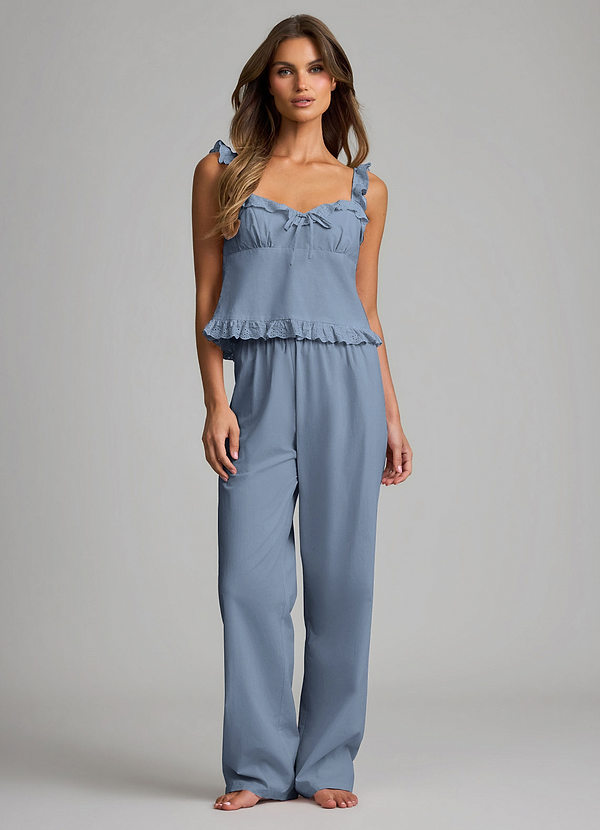 front Dusty Blue Woven Cotton Eyelet Ruffle Cami & Wide Leg Pants Cotton Pajama Set