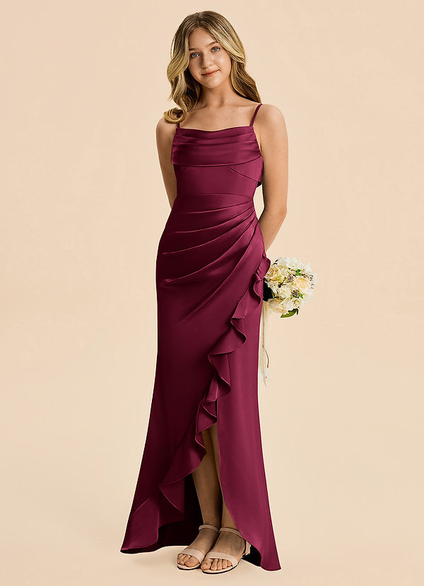 Azazie Mia Junior Robe Sirène en Satin extensible Plissé Bourgogne image1
