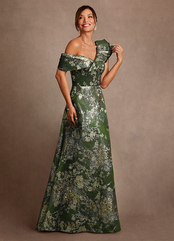 Azazie Des Moines Abiti da Mamma Sposa Abito A-Line in Jacquard Floreale Monospalla Matcha Verde image1