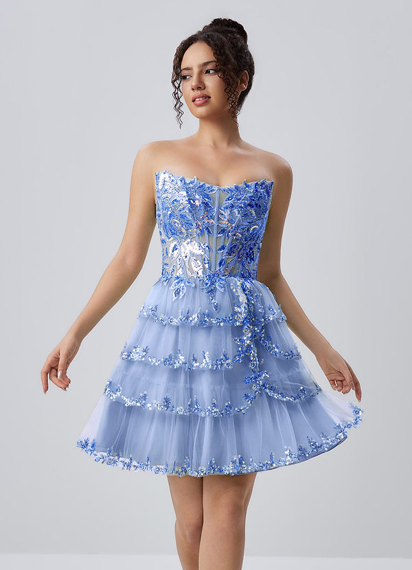 Esmayabella Bleu Ciel Robe mini en tulle à corset, ornée de sequins, de perles et de volants, avec broderies et perles. image1