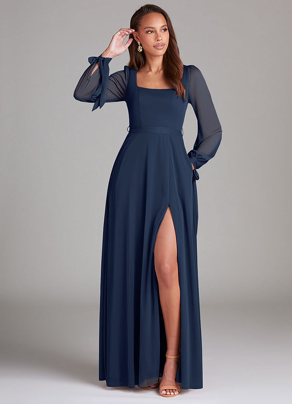 Azazie Leonia Bridesmaid Dresses Dark Navy A-Line Long Sleeve Mesh Dress image1