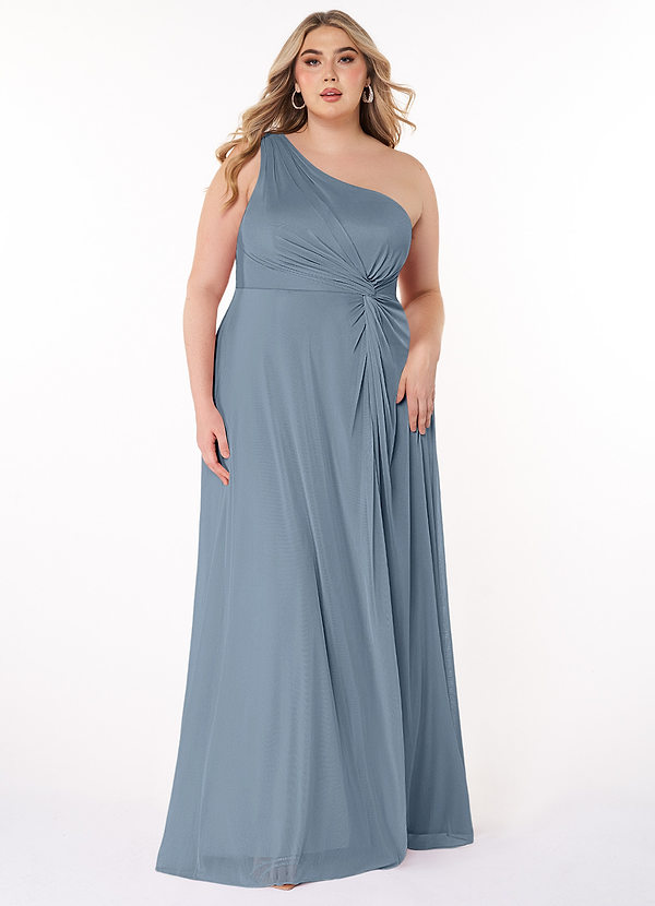 Azazie Brooke Bridesmaid Dresses Dusty Blue A-Line One Shoulder Mesh Dress image1