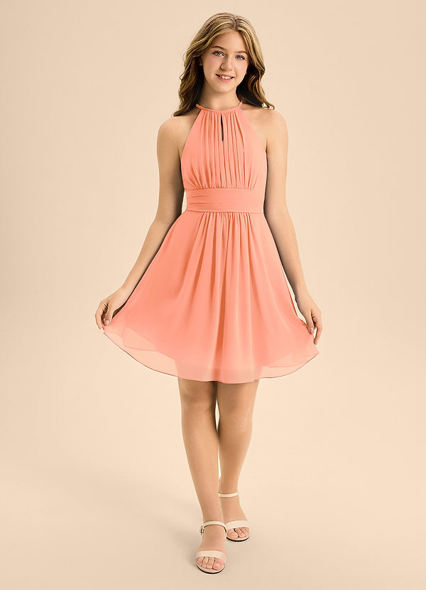 Azazie Bonnie Junior A-Linie Plissee Chiffon Kleid Sonnenuntergang image1