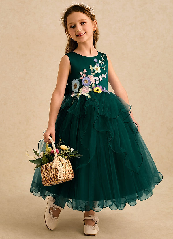 Azazie Savannah Flower Girl Dresses Pine Ball-Gown Lace Tulle Dress image1