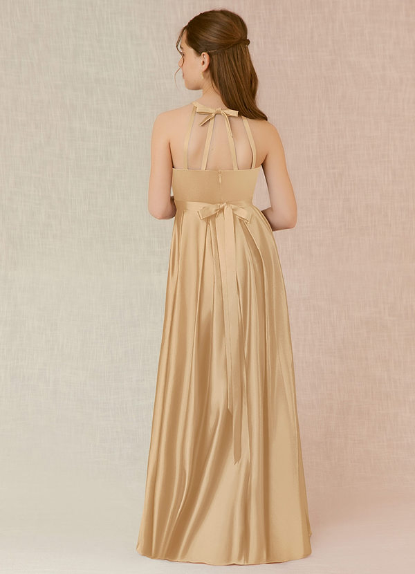 Azazie Arianthe Junior Gold A-Line with Pockets Stretch Satin Dress image1