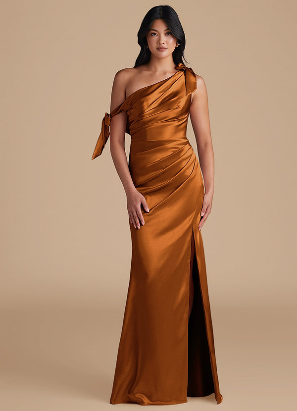 Azazie Xyla Bridesmaid Dresses Copper Sheath Off the Shoulder Metallic Satin Convertible Dress image1