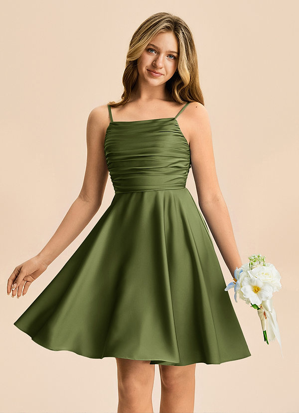 Azazie Miko Junior Olive A-Line Pleated Stretch Satin Dress image1