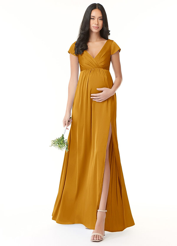 Azazie Allessia Maternity Bridesmaid Dresses Flowy Pleated Stretch Satin Long Dress image1