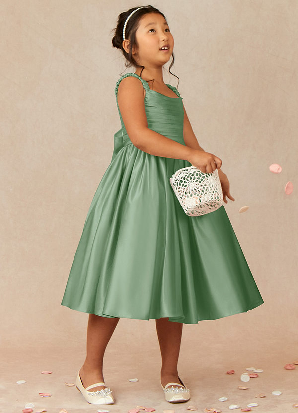 Azazie Cutie Pie Flower Girl Dresses Matcha A-Line Pleated Matte Satin Dress image1