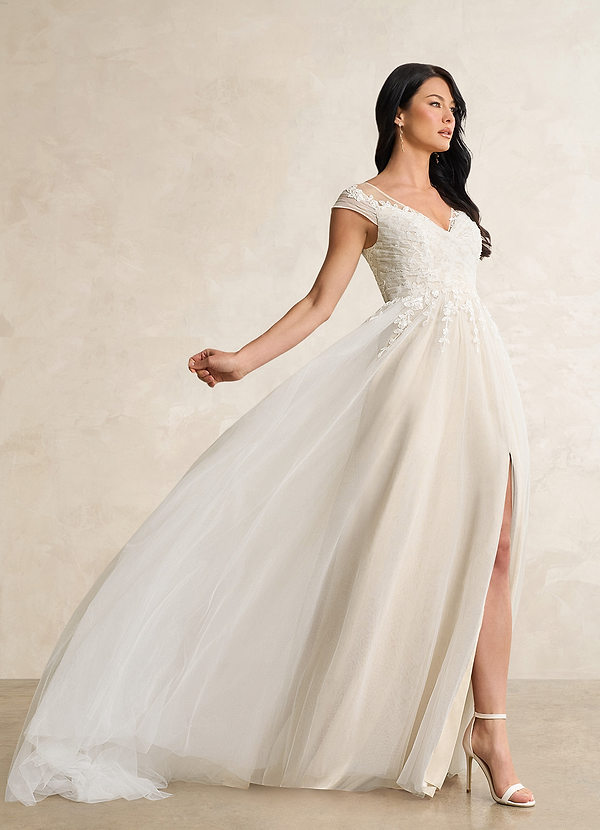 Azazie Bellisima Wedding Dresses Diamond White Champagne A-Line V-Neck Tulle Dress image1