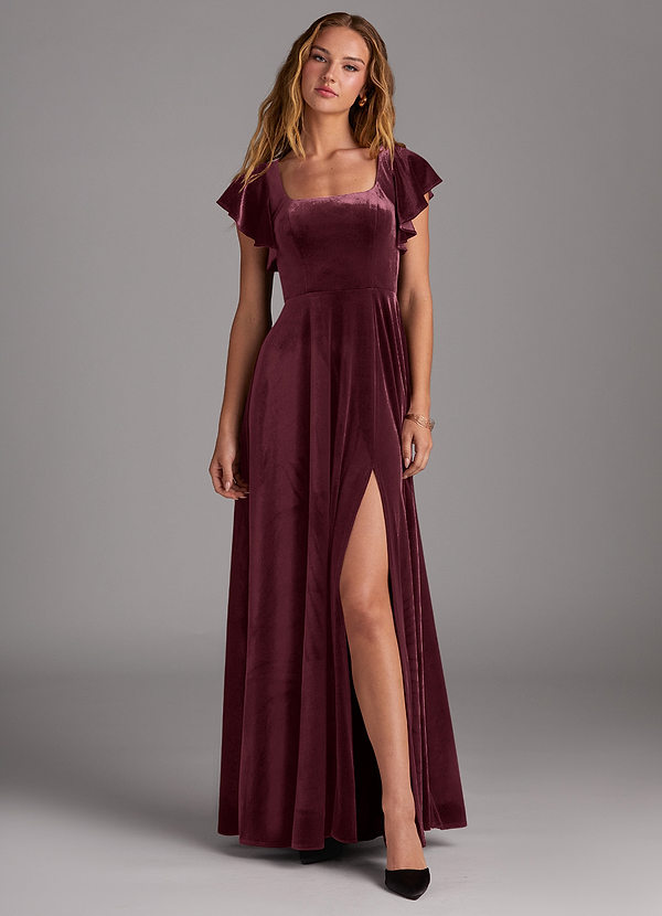 Azazie Bondi Bridesmaid Dresses Raspberry A-Line Side Slit Velvet Dress image1