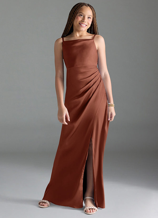 Azazie Leonis Junior Auburn A-Line Pleated Stretch Satin Dress image1