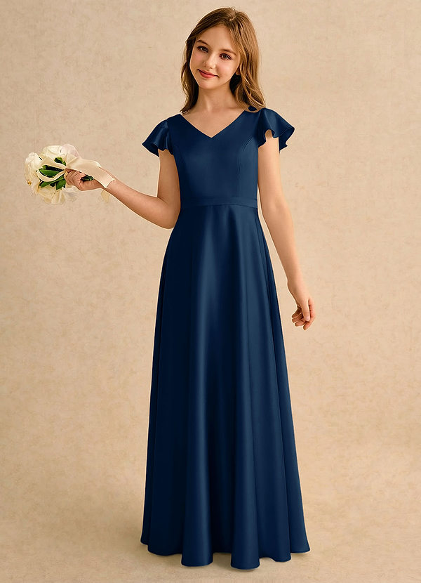 Azazie Nari Girls Formal Sukienki dla dziewczynek sypiących kwiaty Linia A z rękawami Satyna elastyczna Długość podłogi Sukienka image1