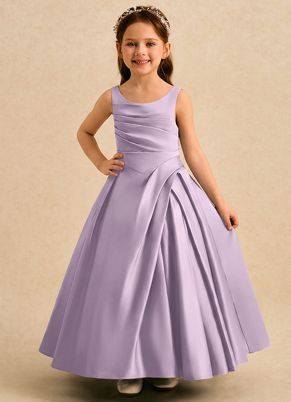 Azazie Audrey Flower Girl Dresses Frosted Lilac A-Line Pleated Matte Satin Dress image1