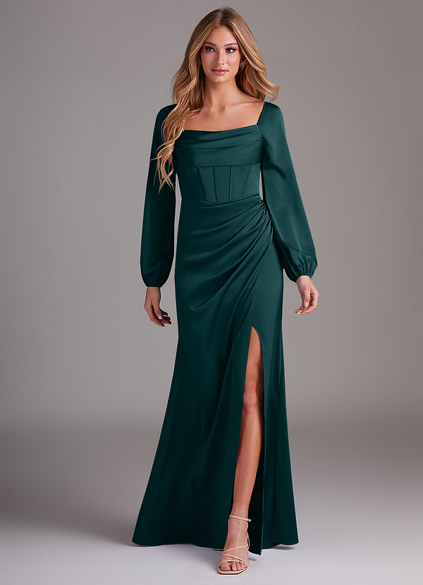 Azazie Charissa Bridesmaid Dresses Pine Sheath Long Sleeve Stretch Satin Dress image1