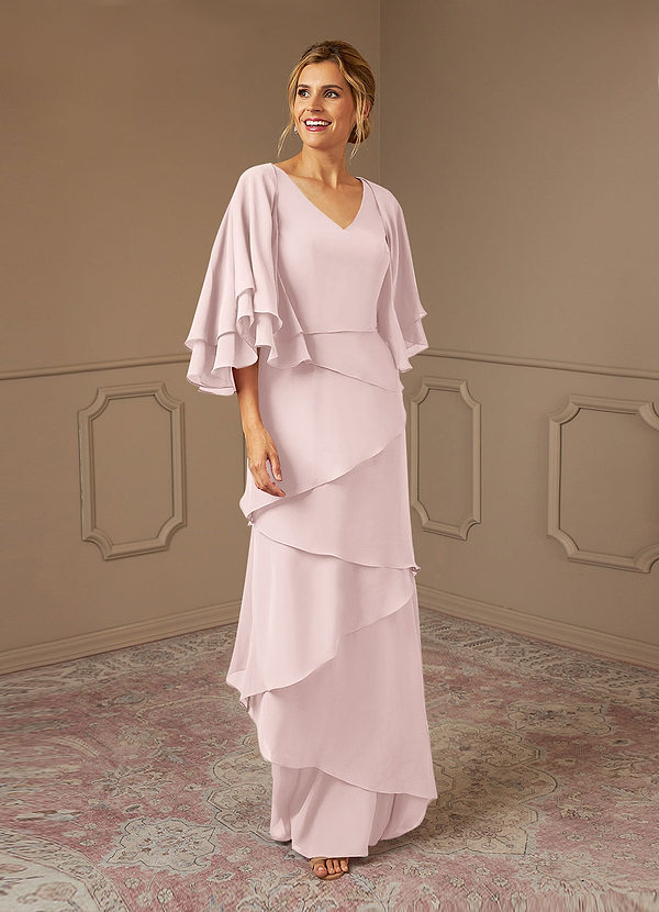 Azazie OHara Robes de mère de la mariée Robe Trapèze en Mousseline de soie Col V Rose Pâle image1