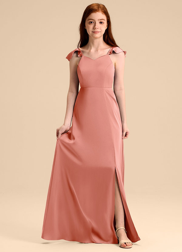 Azazie Everett Junior Vestido de Coral de Satén Elástico de Corte en A con Lazo image1