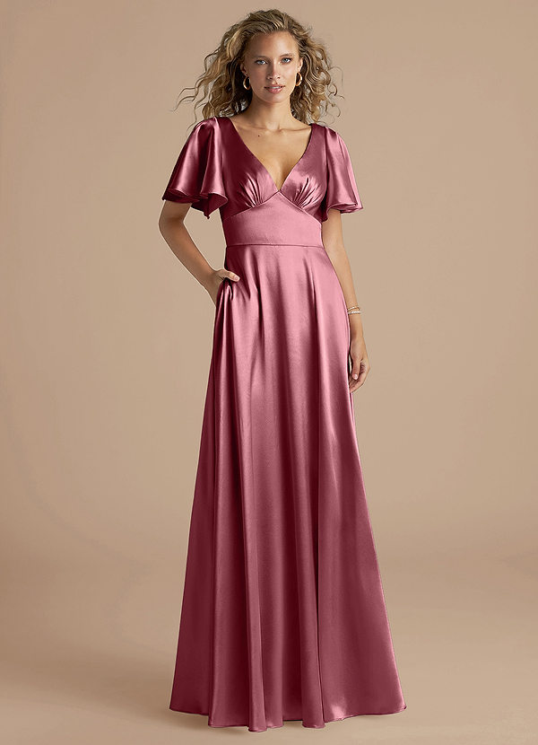 Azazie Kimber Bridesmaid Dresses Desert Rose A-Line Ruched Metallic Satin Dress image1